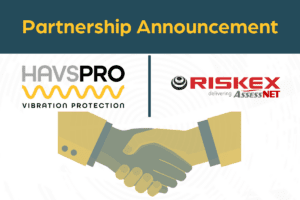 The HAVSPRO logo and the RiskEx logo above a cartoon image of a handshake to announce the partnership between the two companies.